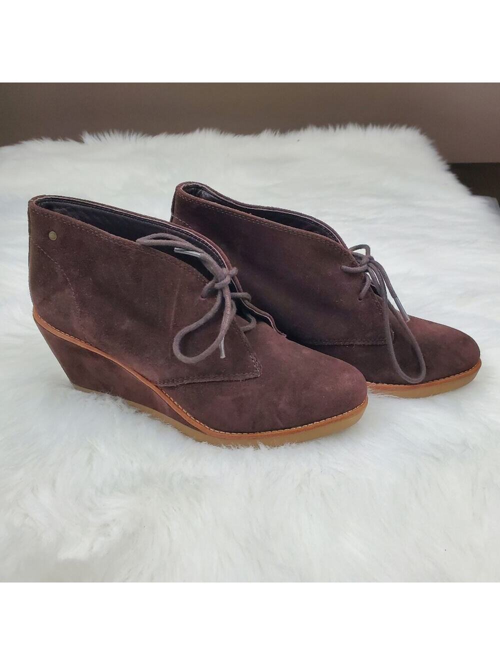 Coach Suede Wedge Booties Cassy Size 9 Chocolate Brown Lace Up Booties $225